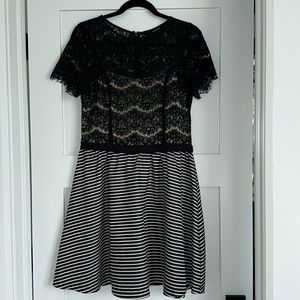 Ark & Co Dress - A-Line with Black Lace Bodice with Black & White Stripe Skirt